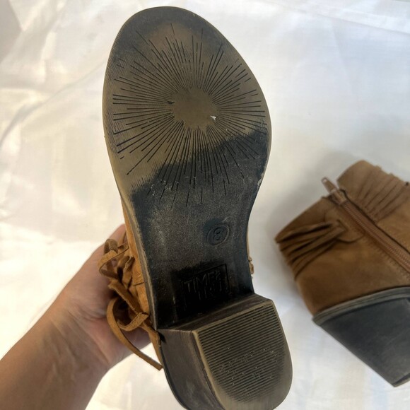 Time and True Faux Suede Heeled Tassel Brown Booties Size 8 - Picture 8 of 9